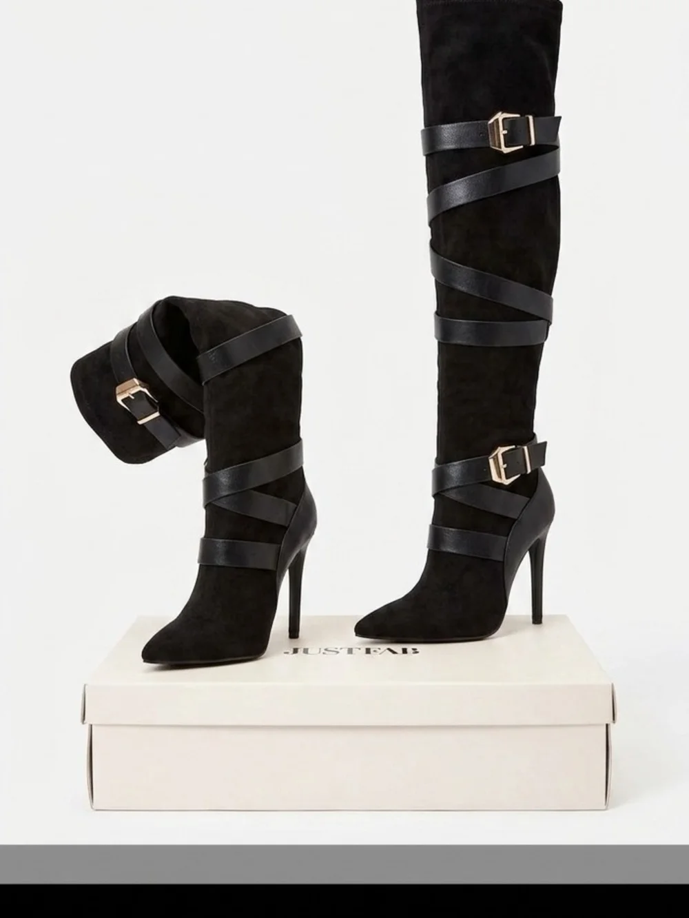 JustFab Black Over-the-Knee Suede Wrap-Strap Stiletto Boots
